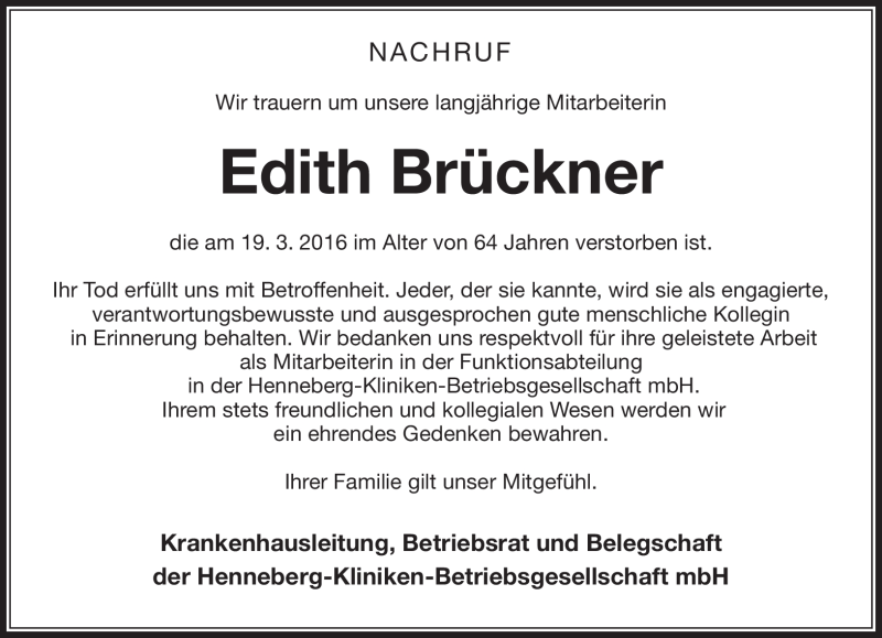  Traueranzeige für Edith Brückner vom 05.04.2016 aus Südthüringer Presse