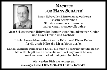 Traueranzeige von Hans Schäfer von Südthüringer Presse