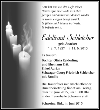 Traueranzeige von Edeltraut Schleicher von Südthüringer Presse