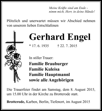 Traueranzeige von Gerhard Engel von Südthüringer Presse