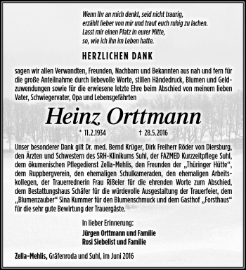 Traueranzeige von Heinz Orttmann von Südthüringer Presse