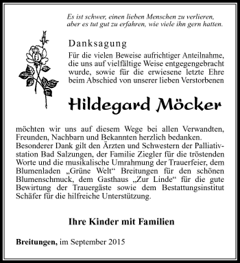 Traueranzeige von Hildegard Möcker von Südthüringer Presse