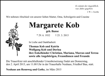 Traueranzeige von Margarete Kob von Südthüringer Presse