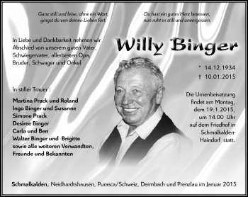 Traueranzeige von Willy Binger von Südthüringer Presse