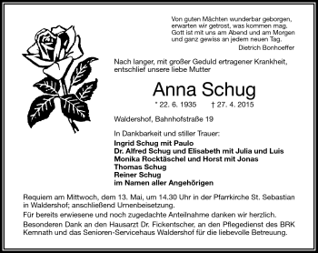 Traueranzeige von Anna Schug von Frankenpost