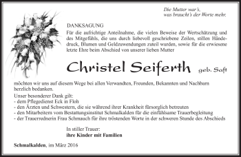 Traueranzeige von Christel Seiferth von Südthüringer Presse