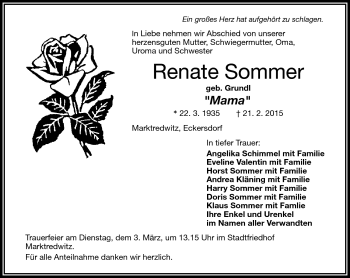 Traueranzeige von Renate Sommer von Frankenpost