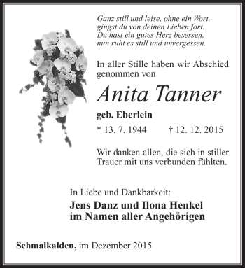 Traueranzeige von Anita Tanner von Südthüringer Presse