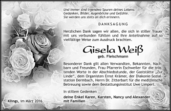 Traueranzeige von Gisela Weiß von Südthüringer Presse