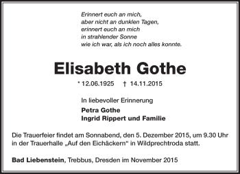 Traueranzeige von Elisabeth Gothe von Südthüringer Presse