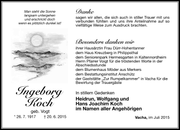 Traueranzeige von Ingeborg Koch von Südthüringer Presse