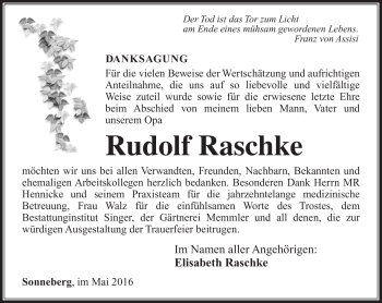Traueranzeige von Rudolf Raschke von Südthüringer Presse