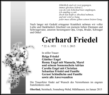 Traueranzeige von Gerahrd Friedel von Südthüringer Presse
