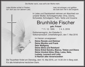 Traueranzeige von Brunhilde Fischer von Frankenpost