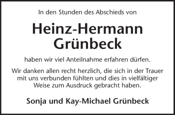 Traueranzeige von Heinz-Hermann Grünbeck von Südthüringer Presse