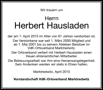 Traueranzeige von Herbert Hausladen von Frankenpost