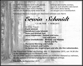 Traueranzeige von Erwin Schmidt von Südthüringer Presse