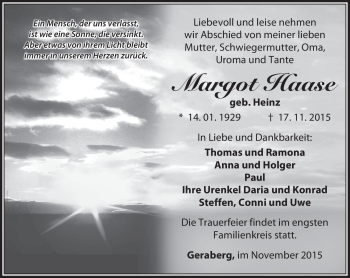 Traueranzeige von Margot Haase von Südthüringer Presse