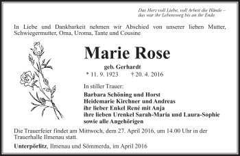 Traueranzeige von Marie Rose von Südthüringer Presse