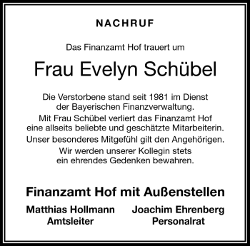 Traueranzeige von Evelyn Schübel von Frankenpost
