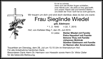 Traueranzeige von Sieglinde Wiedel von Frankenpost