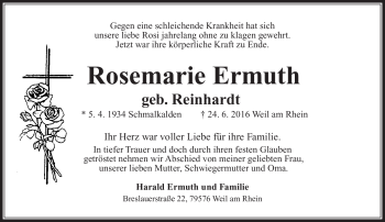 Traueranzeige von Rosemarie Ermuth von Südthüringer Presse