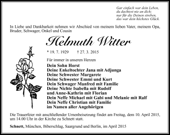 Traueranzeige von Helmuth Witter von Südthüringer Presse