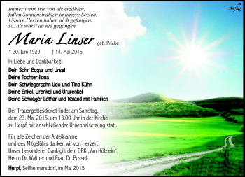 Traueranzeige von Maria Linser von Südthüringer Presse