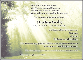 Traueranzeige von Dieter Volk von Südthüringer Presse