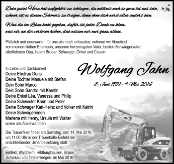 Traueranzeige von Wolfgang Jahn von Südthüringer Presse