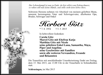Traueranzeige von Herbert Götz von Südthüringer Presse