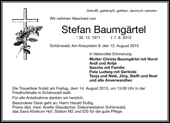 Traueranzeige von Stefan Baumgärtel von Frankenpost