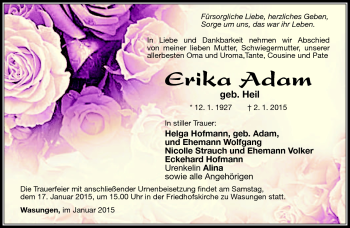Traueranzeige von Erika Adam von Südthüringer Presse