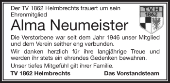 Traueranzeige von Alma Neumeister von Frankenpost