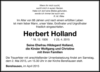 Traueranzeige von Herbert Holland von Südthüringer Presse