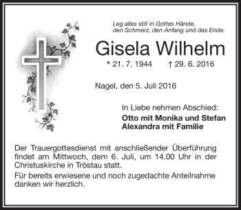 Traueranzeige von Gisela Wilhelm von Frankenpost