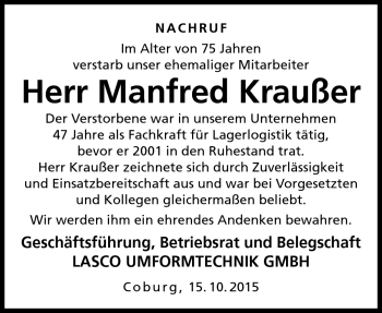 Traueranzeige von Manfred Kraußer von Neue Presse Coburg