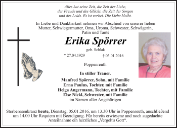 Traueranzeige von Erika Spörrer von Frankenpost