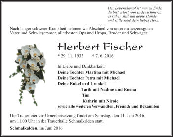 Traueranzeige von Herbert Fischer von Südthüringer Presse
