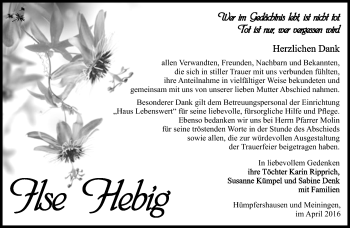 Traueranzeige von Ilse Hebig von Südthüringer Presse