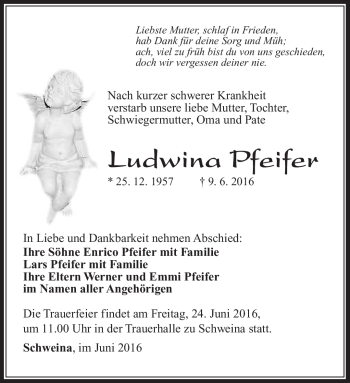 Traueranzeige von Ludwina Pfeifer von Südthüringer Presse