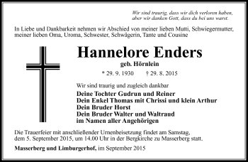 Traueranzeige von Hannelore Enders von Südthüringer Presse