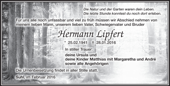 Traueranzeige von Hermann Lipfert von Südthüringer Presse