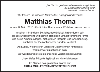 Traueranzeige von Matthias Thoma von Neue Presse Coburg