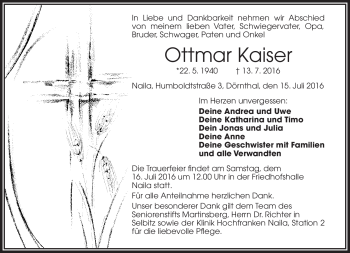 Traueranzeige von Ottmar Kaiser von Frankenpost