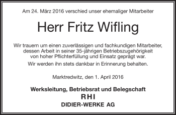 Traueranzeige von Fritz Wifling von Frankenpost