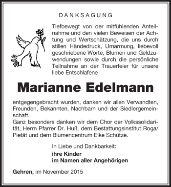 Traueranzeige von Marianne Edelmann von Südthüringer Presse