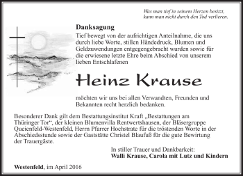 Traueranzeige von Heinz Krause von Südthüringer Presse