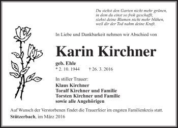 Traueranzeige von Karin Kirchner von Südthüringer Presse