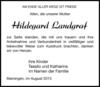 Traueranzeige von Hildegard Landgraf von Südthüringer Presse